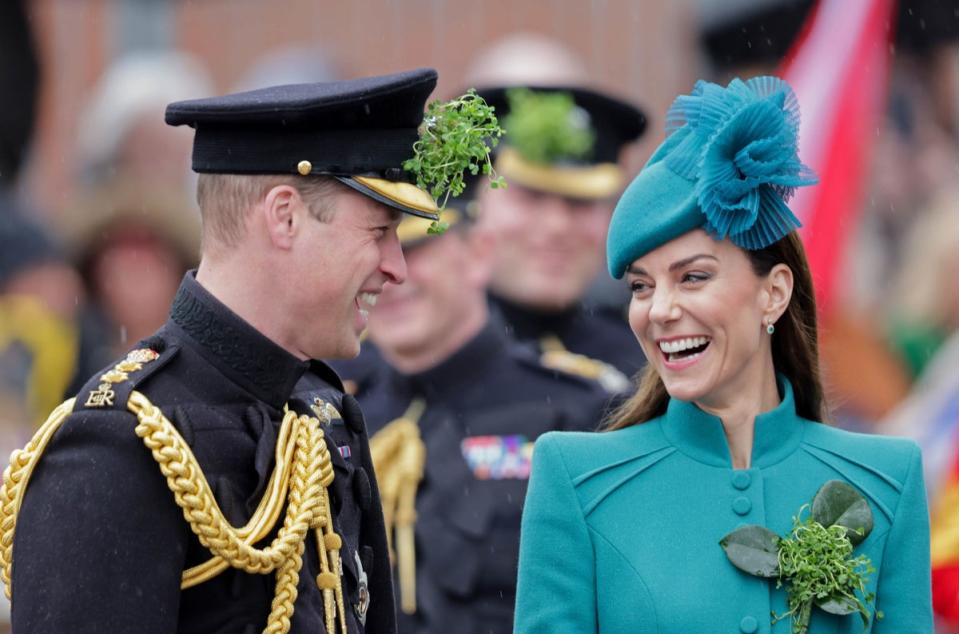 17 March 2023: The Prince and Princess of Wales laugh as they arrive for a visit to the 1st Battalion Irish Guards for the St Patrick’s Day Parade, at Mons Barracks in Aldershot (PA)