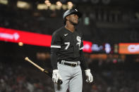 Chicago White Sox's Tim Anderson walks back to the dugout after striking out swinging against San Francisco Giants relief pitcher Dominic Leone during the eighth inning of a baseball game in San Francisco, Friday, July 1, 2022. (AP Photo/Eric Risberg)