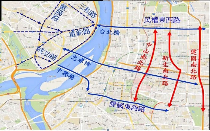 忠孝橋引道拆除。利用中興橋.臺北橋改道。（取自台北市工務局新建工程處網站）