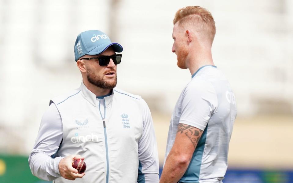 England Head Coach, Brendon McCullum with captain Ben Stokes (right) during a nets session at Trent Bridge Cricket Ground, Nottingham. Picture date: Wednesday June 8, 2022 - - PA