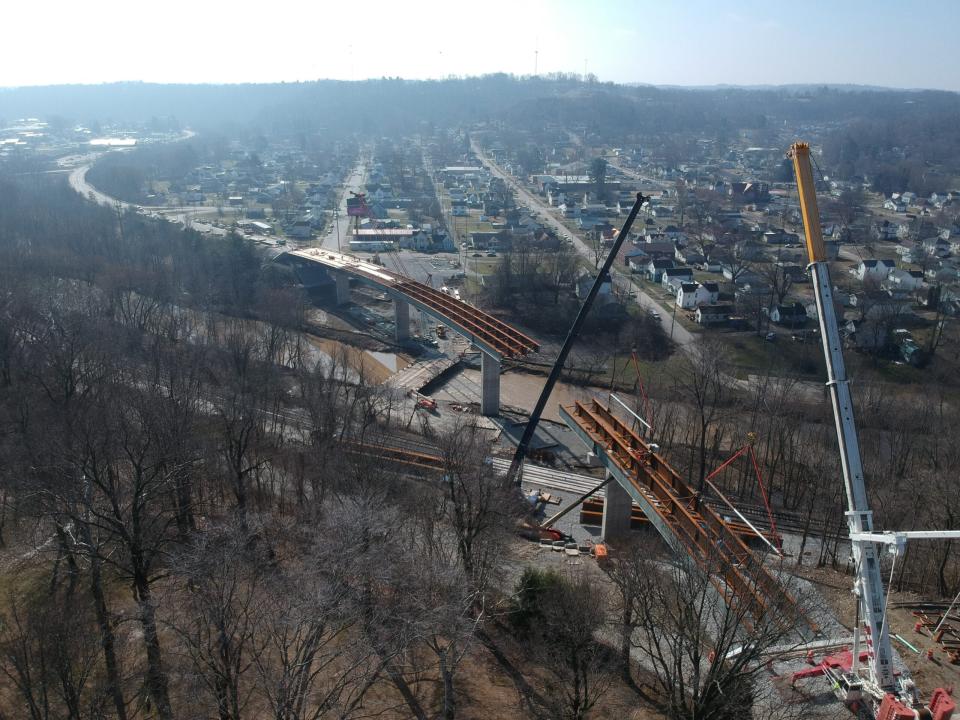 An aerial view of the Southgate Parkway Bridge construction. The bridge is scheduled to reopen in June and be completed in September.