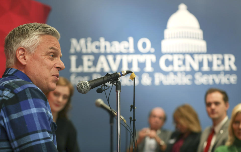 Jon Huntsman Jr. speaks during a forum at the Michael O. Leavitt Center for Politics and Public Service at Southern Utah University in Cedar City, Utah, Thursday, Nov. 14, 2019. Huntsman, a former Utah governor, one-time presidential candidate and ambassador to China and Russia, announced Thursday he will run for Utah governor again in 2020. (Steve Griffin/The Deseret News via AP)