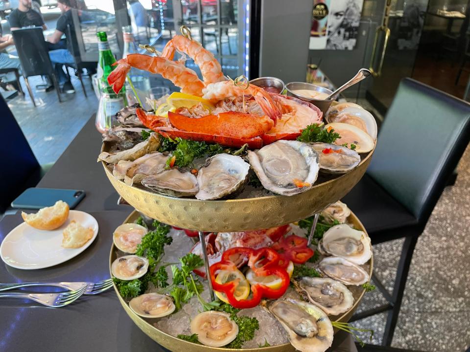 Raw dish with lobster, shrimp, mussels, oysters and crab meat from Dive Oyster House in Briarcliff Manor, a real summer "wishlist" item.  Photographed on May 22, 2024