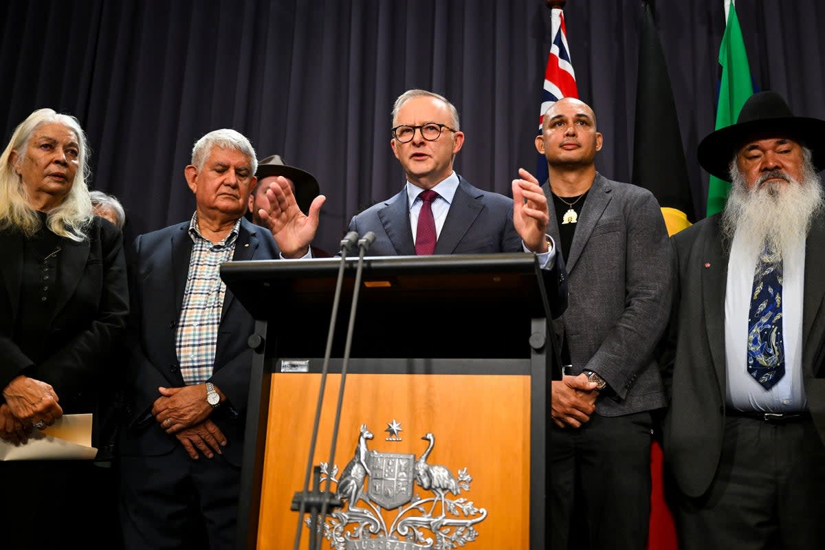 Anthony Albanese with members of the First Nations Referendum Working Group on Thursday (via REUTERS)