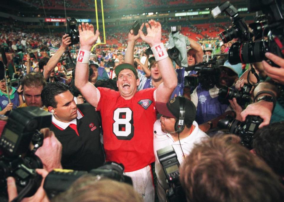 San Francisco 49ers Steve Young celebrates his team’s 49-26 Super Bowl XXIX victory over the San Diego Chargers Sunday Jan. 29, 1995 in another Miami Super Bowl.