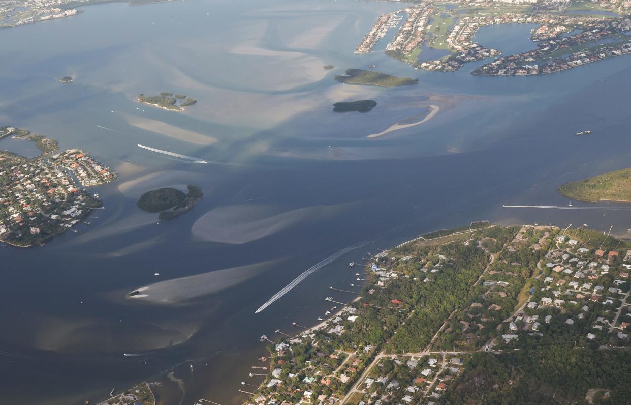 An aerial view of the St. Lucie River on March 12, 2024 showing the dark water from Lake Okeechobee discharges in Martin County.