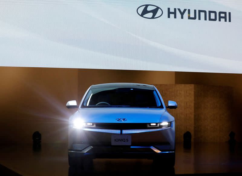 FILE PHOTO: Hyundai Motor's IONIQ 5 is displayed at Hyundai Mobility Japan's news conference in Tokyo