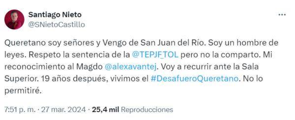 Tribunal Electoral quita candidatura de Santiago Nieto al Senado por incumplir tiempo de residencia en Querétaro