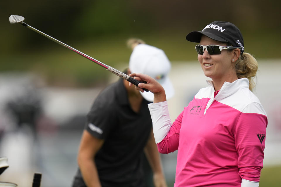 Ashleigh Buhai, of South Africa, practices on the driving range ahead of the Women's PGA Championship golf tournament, Wednesday, June 21, 2023, in Springfield, N.J. (AP Photo/Seth Wenig)