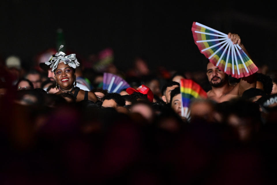 Fans watch US pop star Madonna perform during a free concert at Copacabana beach in Rio de Janeiro, Brazil, on May 4, 2024. . Madonna ended her "The Celebration Tour" with a performance attended by some 1.5 million enthusiastic fans. (Photo by Pablo PORCIUNCULA / AFP) (Photo by PABLO PORCIUNCULA/AFP via Getty Images)