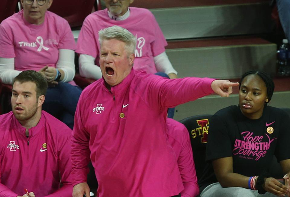 Iowa State Cyclones women's basketball head coach Bill Fennelly reacts during the second quarter game against BYU in a NCAA women's basketball at Hilton Coliseum on Feb. 24 2024, in Ames, Iowa.