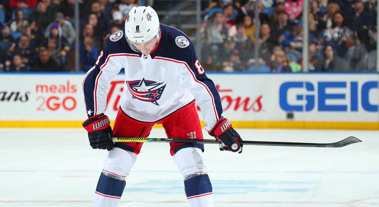 BUFFALO, NY - FEBRUARY 1: Zach Werenski #8 of the Columbus Blue Jackets prepares for a face-off during an NHL game against the Buffalo Sabres on February 1, 2020 at KeyBank Center in Buffalo, New York. (Photo by Sara Schmidle/NHLI via Getty Images) 