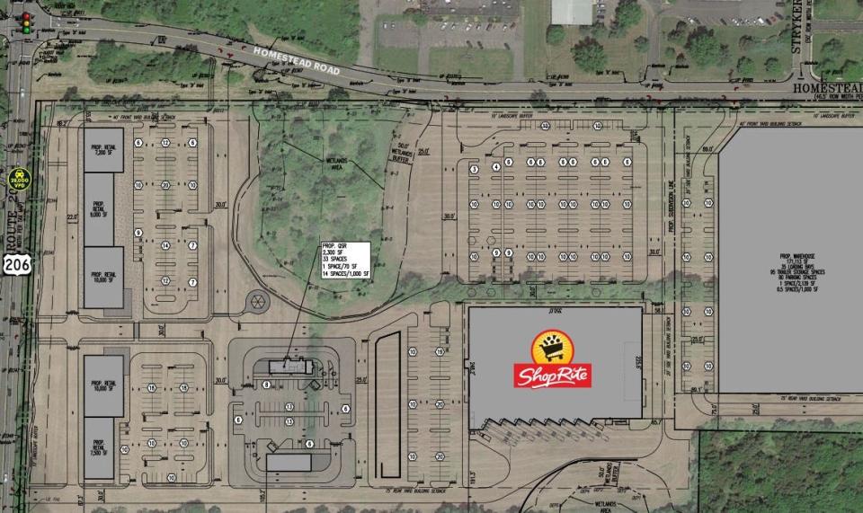 The conceptual plan for a possible new ShopRite and shopping center at the intersection of Route 206 and Homestead Road in Hillsborough.