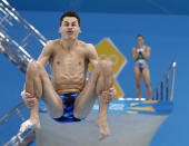 German diver Sascha Klein trains at the Aquatics Center at the Olympic Park, Monday, July 23, 2012, in London. Opening ceremonies for the 2012 London Olympics are scheduled for Friday, July 27. (AP Photo/Jae C. Hong)