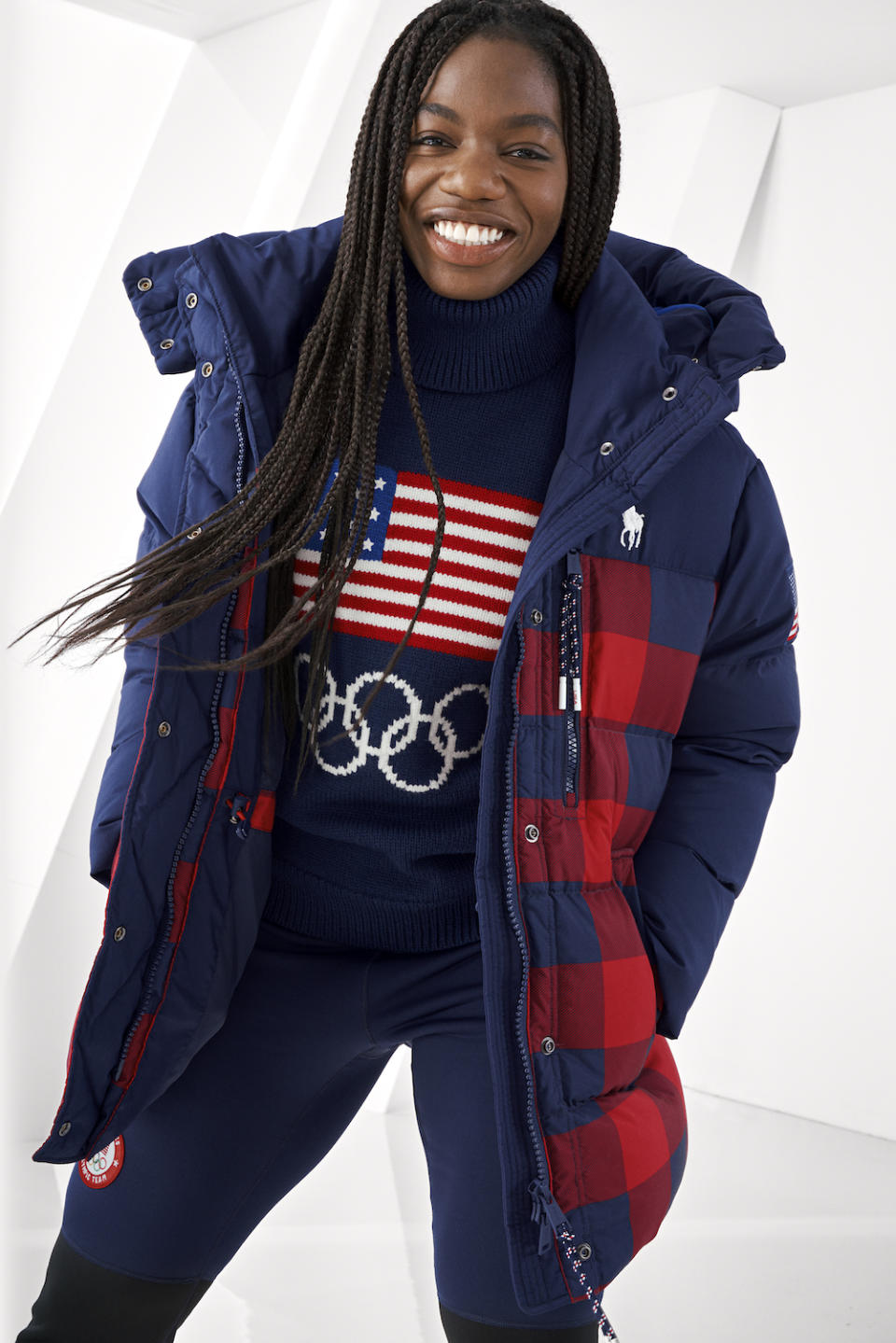 Aja Evans shows off the American brand’s Olympic fashions. - Credit: Sebastian Kim