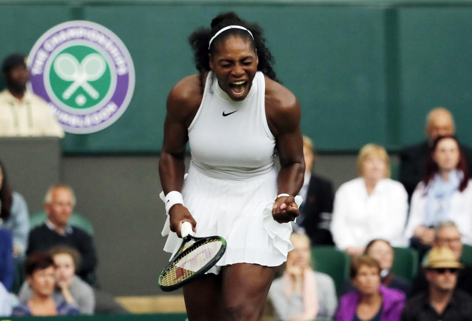 FILE - Serena Williams, of the United States celebrates a point against compatriot Christina McHale during their women's singles match on day five of the Wimbledon Tennis Championships in London, Friday, July 1, 2016. Saying “the countdown has begun,” 23-time Grand Slam champion Serena Williams said Tuesday, Aug. 9, 2022, she is ready to step away from tennis so she can turn her focus to having another child and her business interests, presaging the end of a career that transcended sports. (AP Photo/Ben Curtis, File)