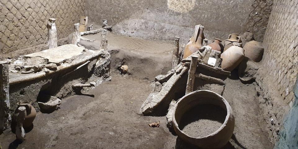 A "slaves room" at a Roman villa, containing beds, amphorae, ceramic pitchers and a chamber pot is discovered in a dig near the ancient Roman city of Pompeii, destroyed in 79 AD in volcanic eruption, Italy, 2021