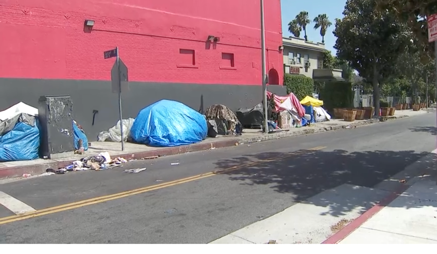 Businesses in Hollywood along Sunset Boulevard paid to install planters on the sidewalks to deter homeless encampments. These images were shot on May 12, 2024. (KTLA)