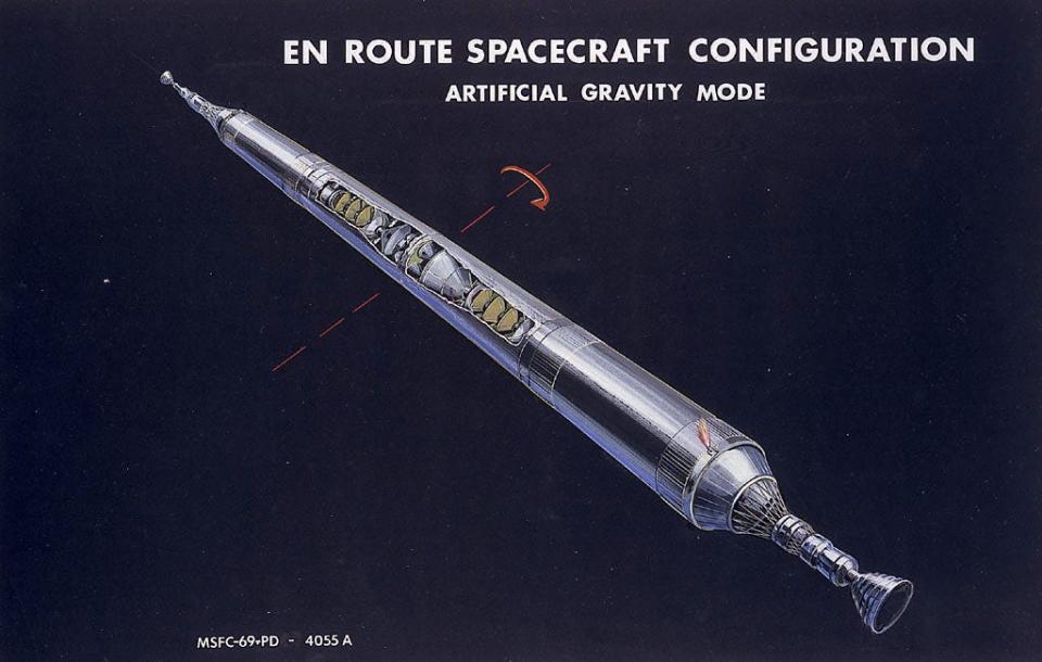 A drawing of a slim spacecraft labeled "en route spacecraft configuration."
