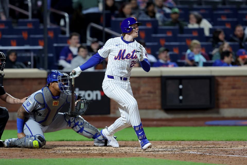 Apr 12, 2024; New York City, New York, USA; New York Mets third baseman Brett Baty (22) against the Kansas City Royals at Citi Field. Mandatory Credit: Brad Penner-USA TODAY Sports