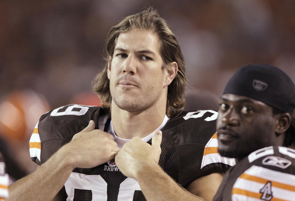 FILE - This Sept. 2, 2010 file photo shows Cleveland Browns linebacker Scott Fujita (99) and safety Abram Elam, right, on the bench during a preseason NFL football game against the Chicago Bears, in Cleveland. New Orleans Saints linebacker Vilma has been suspended without pay for the entire 2012 season by the NFL, one of four players punished for participating in a pay-for-pain bounty system. NFL Commissioner Roger Goodell's ruling was announced Wednesday, May 2, 2012. Former Saints player Fujita will miss three games. (AP Photo/Amy Sancetta, File)