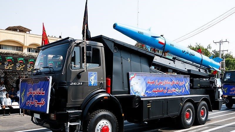 khalij fars anti ship ballistic missile on truck launchers in 2019 parade at bandar abbas