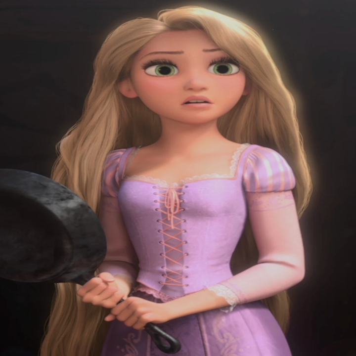 Rapunzel with long, blonde hair, holding a frying pan