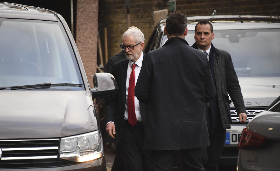 Labour Leader Jeremy Corbyn leaves Islington Town Hall after an interview regarding the results of the General Election, in London, Friday, Dec. 13, 2019. Jeremy Corbyn says an internal election to choose a new leader to replace him will happen early next year. (AP Photo/Alberto Pezzali)