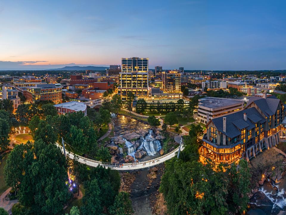 Falls Park on the Reedy in Greenville at dusk.