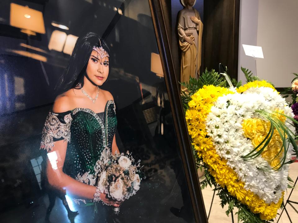 A photo of Leilah Hernandez is on display at St. Elizabeth Ann Seton Church in Odessa, Texas during funeral services for the 15-year-old Friday, Sept. 6, 2019.