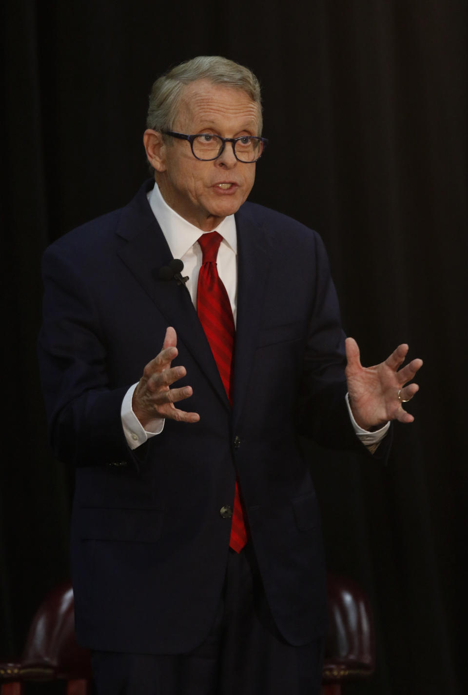 Ohio Attorney General and Republican gubernatorial candidate Mike DeWine during a debate with Democratic gubernatorial candidate Richard Cordray at Marietta College in Marietta, Ohio, Monday, Oct. 1, 2018. (AP Photo/Paul Vernon, Pool)