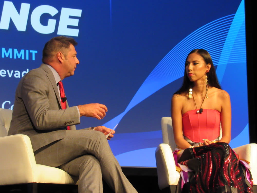 National Center President & CEO Chris James interviewed Native American model and activist Quannah Chasinghorse on May 24, 2022 at the Reservation Economic Summit in Las Vegas. (Photo: Levi Rickert)