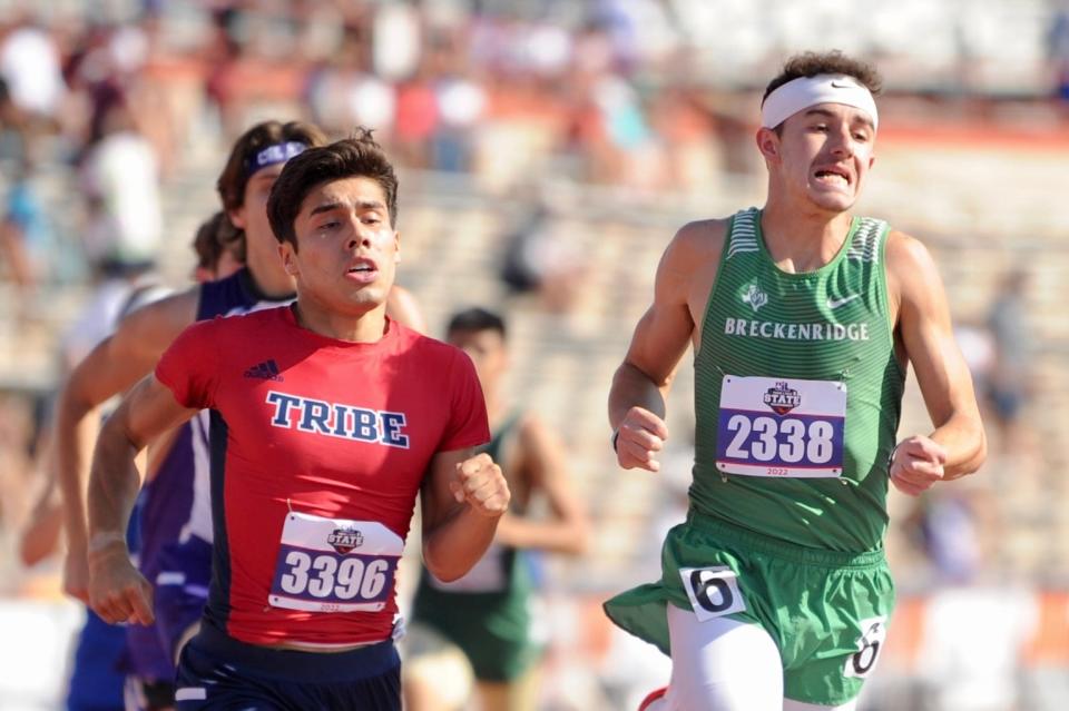 Breckenridge's Chase Lehr (right) runs next to Jim Ned's Chris Saling in the 800 at the state track and field meet in Austin.