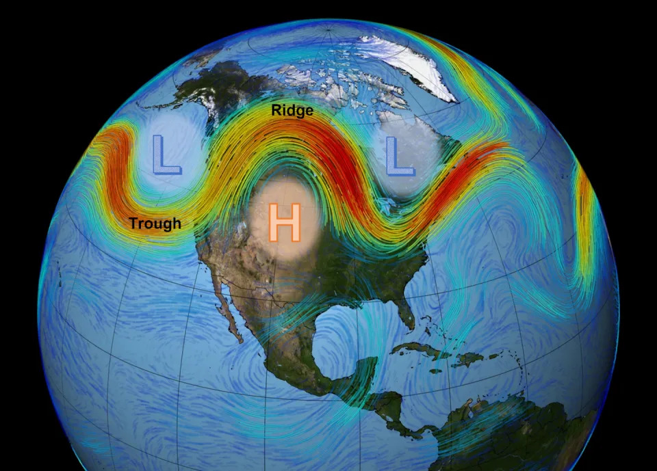 An illustration shows how ridges create high pressure to the south of them and troughs create low pressure to the north of them.