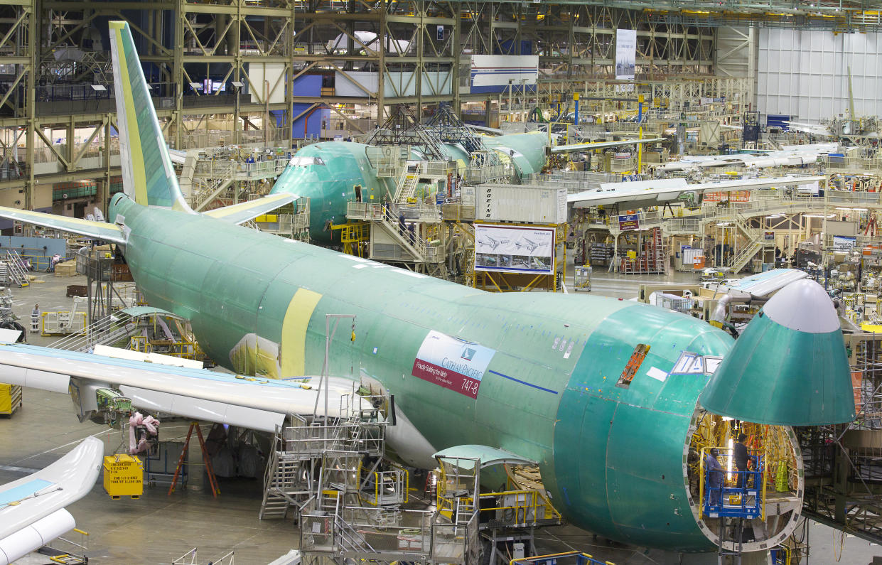 EVERETT, WASHINGTON  - JUNE 13: A Boeing 747-8 Freighter sits on the assembly line June 13, 2012 at the Boeing Factory in Everett, Washington. (Photo by Stephen Brashear/Getty Images)