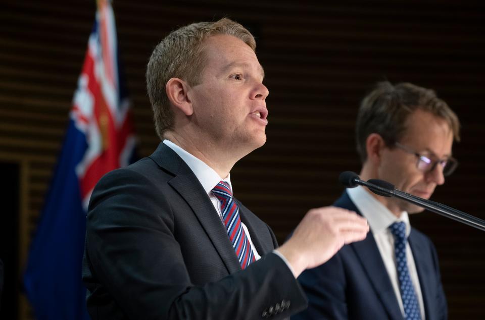 Covid-19 Response Minister Chris Hipkins and director general of health Dr Ashley Bloomfield address a press conference in Wellington (AP)