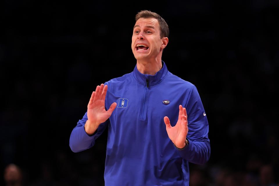 Mar 24, 2024; Brooklyn, NY, USA; Duke Blue Devils head coach Jon Scheyer reacts against the James Madison Dukes in the second round of the 2024 NCAA Tournament at Barclays Center.