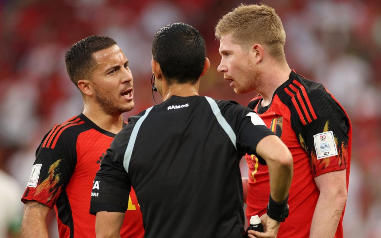 Eden Hazard (left to right), César Arturo Ramos and Kevin De Bruyne - Belgium stars De Bruyne and Hazard separated by Lukaku as tempers boil over after Morocco defeat - Adam Pretty/Getty Images