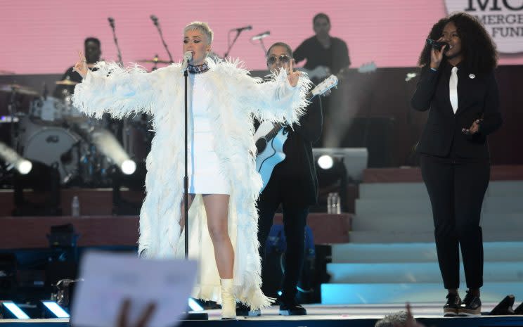 Katy Perry performs at the One Love Manchester tribute concert in Manchester. Photo: Dave Hogan via AP)
