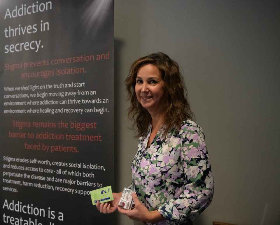 Karyn Kravetz, associate director Mental Health and Recovery Board of Portage County, with naloxone nasal spray and fentanyl test strips set to be given out at the Kent Gazebo International Overdose Awareness Day event this Thursday.