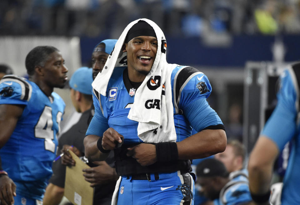 Cam Newton was mostly all smiles in the 2015 season, when he was NFL MVP as Carolina's starting QB. (AP Photo/Michael Ainsworth)