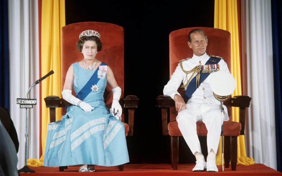 The Queen and Duke of Edinburgh at the State Opening of Parliament in Bridgetown, Barbados, during her Silver Jubilee tour of the Caribbean - PA