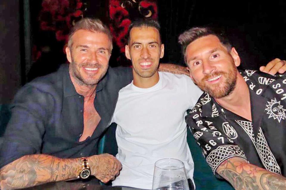 <p>victoria beckham/instagram		</p> David Beckham, Sergio Busquets and Lionel Messi at Gekkō