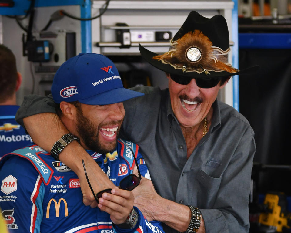 FONTANA, CA - FEBRUARY 28: NASCAR Cup Series driver Bubba Wallace (43) with car owner Richard Petty in the garage area before practice on February 28, 2020 at the Auto Club Speedway in Fontana, CA. (Photo by John Cordes/Icon Sportswire via Getty Images)