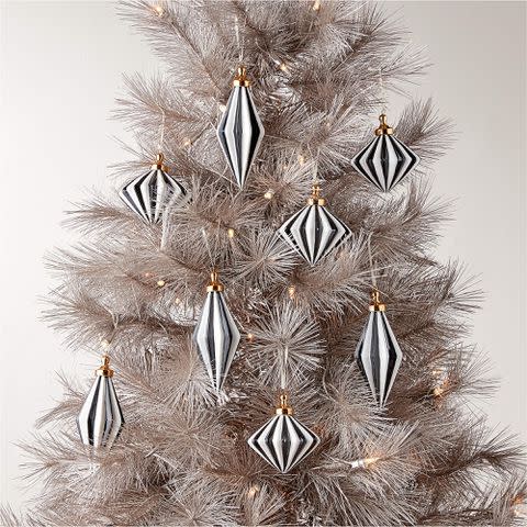 <p>Courtesy CB2</p> CB2 Bordeaux Black and White Glass Christmas Tree Ornaments
