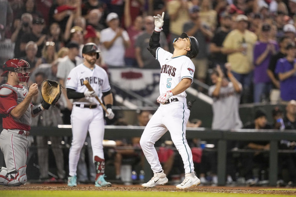 Arizona Diamondbacks' Alek Thomas celebrates a home run against the Philadelphia Phillies during the seventh inning in Game 5 of the baseball NL Championship Series in Phoenix, Saturday, Oct. 21, 2023. (AP Photo/Brynn Anderson)