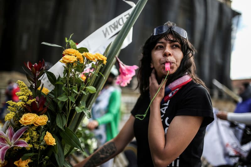 FILE PHOTO: Protest in front of the congress while a no-confidence motion debate against the defense minister takes place, in Bogota