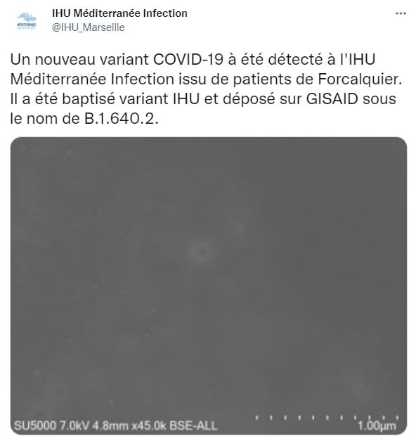 法國研究機構今年12月初曾公開在境內發現新變種病毒「B.1.640.2」。（圖／翻攝自IHU Méditerranée Infection 推特 @IHU_Marseille）