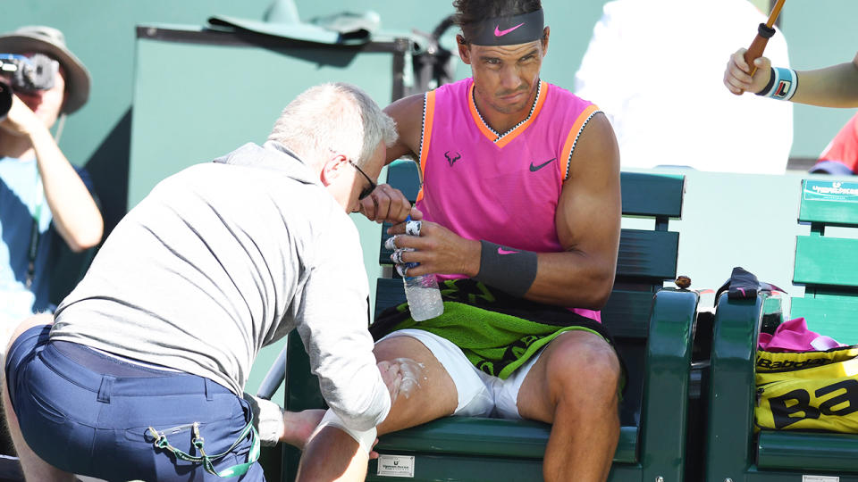 Rafael Nadal gets treatment during his win over Karen Khachanov. (Photo by Cynthia Lum/Icon Sportswire via Getty Images)