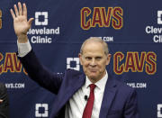 Cleveland Cavaliers head coach John Beilein is introduced during a news conference, Tuesday, May 21, 2019, in Independence, Ohio. Beilein left Michigan after a successful 12-year run for what will likely be his last coaching stop, the Cleveland Cavaliers, who believe the 66-year-old can accelerate their rebuild. (AP Photo/Tony Dejak)